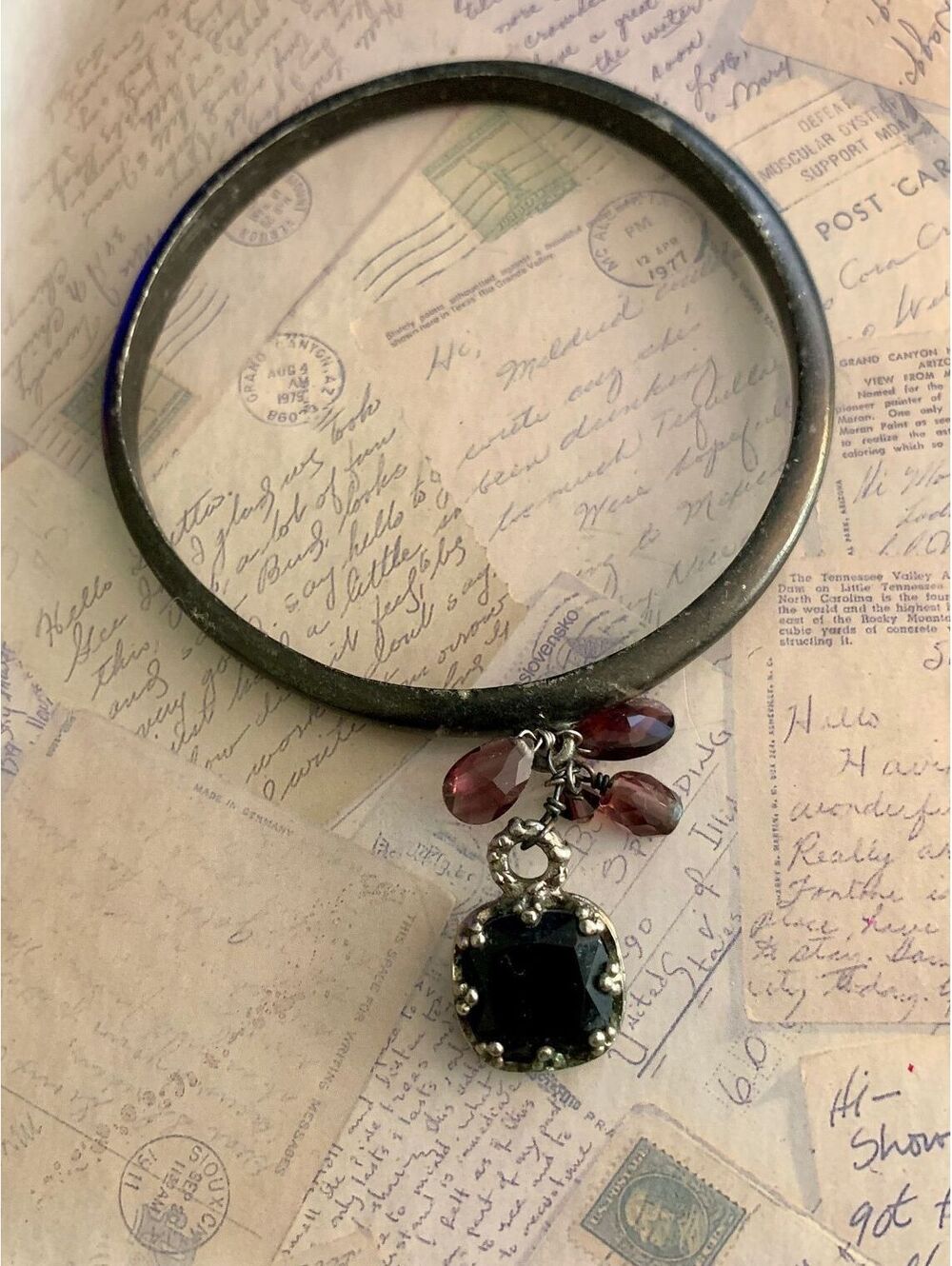 Vintage bohemian Ornate Metal Charm Bangle Bracelet Purple Crystals & Medallion